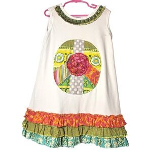 La Jenns Girls White Patchwork Ruffle Dress Sleeveless Boho Trim Rosette Size 5